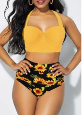Ginger swimwear,Floral swimwear,ROTITA High Waist Halter Cutout Back Sunflower Print Bikini Set