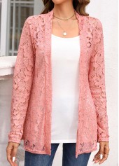 Pink tops,Plain Color tops,ROTITA Pink Scoop Neck Long Sleeve Cardigan and Tank Top