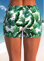 Green swimwear,White swimwear,Plants swimwear,ROTITA Green Tropical Plants Print High Waisted Swim Shorts