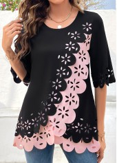 Black tops,Pink tops,Contrast Color tops,ROTITA Patchwork Black Round Neck Half Sleeve Blouse