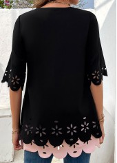 Black tops,Pink tops,Contrast Color tops,ROTITA Patchwork Black Round Neck Half Sleeve Blouse