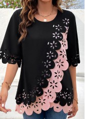 Black tops,Pink tops,Contrast Color tops,ROTITA Patchwork Black Round Neck Half Sleeve Blouse