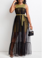 ROTITA Mesh Chevron Print Black Belted Maxi Dress