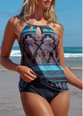 Cut Out Multi Color Tribal Print Tankini Set
