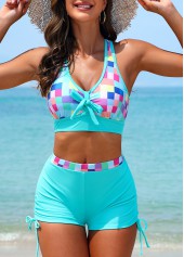 Cyan swimwear,Geometric swimwear,Plaid swimwear,Criss Cross Cyan Geometric Print Bikini Set