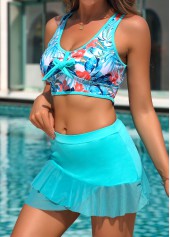 Cyan swimwear,Plants swimwear,Floral swimwear,Bowknot Cyan Leaf Print Mid Waisted Bikini Set