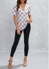 Beige tops,Plaid tops,Geometric tops,Striped tops,ROTITA Striped Plaid Beige V Neck Blouse