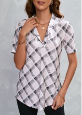 Beige tops,Plaid tops,Geometric tops,Striped tops,ROTITA Striped Plaid Beige V Neck Blouse