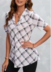 Beige tops,Plaid tops,Geometric tops,Striped tops,ROTITA Striped Plaid Beige V Neck Blouse