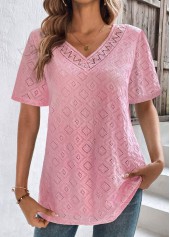 Rotita-Spitzen-T-Shirt in Rosa mit V-Ausschnitt und halben Ärmeln
