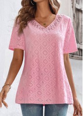 Pink tops,Plain Color tops,ROTITA Lace Pink V Neck Half Sleeve T Shirt