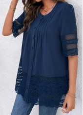 Blue tops,Plain Color tops,ROTITA Lace Blue Round Neck 3/4 Sleeve Blouse
