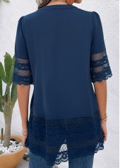 Blue tops,Plain Color tops,ROTITA Lace Blue Round Neck 3/4 Sleeve Blouse