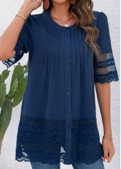 Blue tops,Plain Color tops,ROTITA Lace Blue Round Neck 3/4 Sleeve Blouse