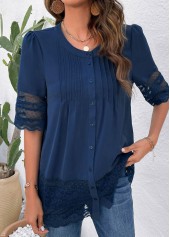 Blue tops,Plain Color tops,ROTITA Lace Blue Round Neck 3/4 Sleeve Blouse
