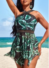 Blackish Green swimwear,Plants swimwear,ROTITA Patchwork Blackish Green Tropical Plants Print Swimdress Top