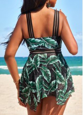 Blackish Green swimwear,Plants swimwear,ROTITA Patchwork Blackish Green Tropical Plants Print Swimdress Top