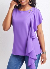 Purple tops,Plain Color tops,ROTITA Ruffle Purple Round Neck Sleeveless Blouse