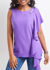 Purple tops,Plain Color tops,ROTITA Ruffle Purple Round Neck Sleeveless Blouse