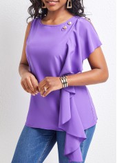 Purple tops,Plain Color tops,ROTITA Ruffle Purple Round Neck Sleeveless Blouse