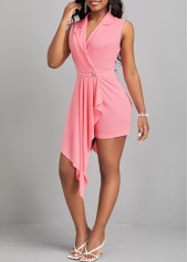 Pink jumpsuits & rompers,Plain Color jumpsuits & rompers,ROTITA Asymmetry Pink Short Lapel Sleeveless Romper