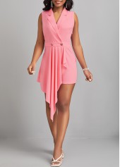 Pink jumpsuits & rompers,Plain Color jumpsuits & rompers,ROTITA Asymmetry Pink Short Lapel Sleeveless Romper