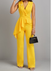 Yellow jumpsuits & rompers,Plain Color jumpsuits & rompers,ROTITA Button Detail Asymmetric Patchwork Yellow Jumpsuit