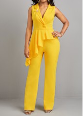 Yellow jumpsuits & rompers,Plain Color jumpsuits & rompers,ROTITA Button Detail Asymmetric Patchwork Yellow Jumpsuit