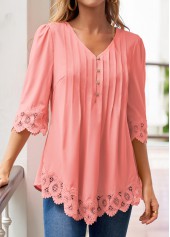 Pink tops,Plain Color tops,ROTITA Tuck Stitch Pink V Neck 3/4 Sleeve Blouse