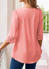 Pink tops,Plain Color tops,ROTITA Tuck Stitch Pink V Neck 3/4 Sleeve Blouse