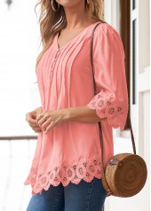 Pink tops,Plain Color tops,ROTITA Tuck Stitch Pink V Neck 3/4 Sleeve Blouse