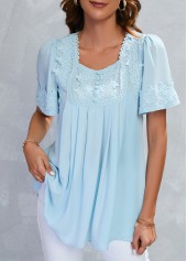 Light Blue tops,Plain Color tops,ROTITA Lace Light Blue Square Neck Half Sleeve Blouse