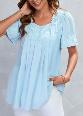 Light Blue tops,Plain Color tops,ROTITA Lace Light Blue Square Neck Half Sleeve Blouse