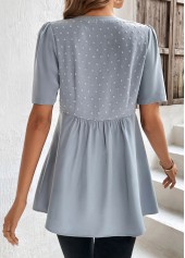 Dusty Blue tops,Plain Color tops,ROTITA Patchwork Dusty Blue Split Neck Short Sleeve Blouse