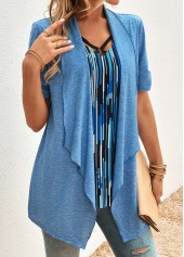 Blue tops,Geometric tops,Striped tops,ROTITA Geometric Print Blue V Neck Fake Two Piece Twinset