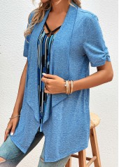 Blue tops,Geometric tops,Striped tops,ROTITA Geometric Print Blue V Neck Fake Two Piece Twinset