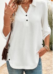White tops,Plain Color tops,ROTITA Button White Shirt Collar 3/4 Sleeve Blouse