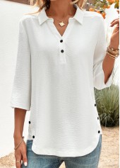 White tops,Plain Color tops,ROTITA Button White Shirt Collar 3/4 Sleeve Blouse