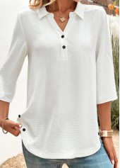 White tops,Plain Color tops,ROTITA Button White Shirt Collar 3/4 Sleeve Blouse
