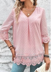 Light Pink tops,Plain Color tops,ROTITA Lace Light Pink V Neck 3/4 Sleeve Blouse