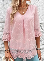 Light Pink tops,Plain Color tops,ROTITA Lace Light Pink V Neck 3/4 Sleeve Blouse