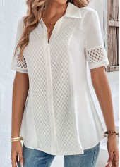 White tops,Plain Color tops,ROTITA Lace White Shirt Collar Button Up Blouse