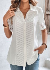 White tops,Plain Color tops,ROTITA Lace White Shirt Collar Button Up Blouse