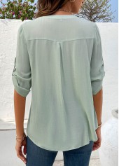 Light Green tops,Plain Color tops,ROTITA Button Light Green Split Neck Short Sleeve Blouse