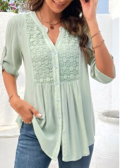 Light Green tops,Plain Color tops,ROTITA Button Light Green Split Neck Short Sleeve Blouse