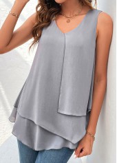 Grey tops,Plain Color tops,ROTITA Layered Grey V Neck Tank Top