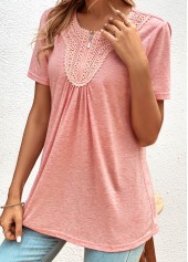 Pink tops,Plain Color tops,ROTITA Zipper Pink Round Neck Short Sleeve T Shirt
