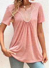 Pink tops,Plain Color tops,ROTITA Zipper Pink Round Neck Short Sleeve T Shirt