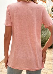 Pink tops,Plain Color tops,ROTITA Zipper Pink Round Neck Short Sleeve T Shirt