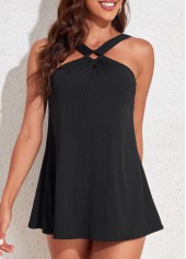 Black swimwear,Plain Color swimwear,ROTITA Circular Ring Black Mid Waisted Swimdress Set